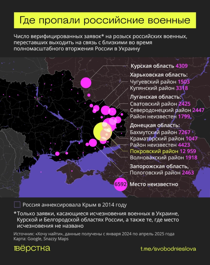 На карте «СВО» видно, что чаще всего списки пропавших без вести пополняют фронтовики, воюющие в Донецкой области