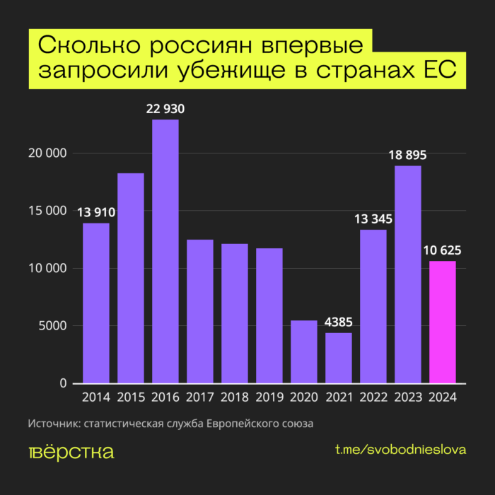 В 2024 году 10 625 граждан России обратились к властям стран Евросоюза с просьбой предоставить им убежище